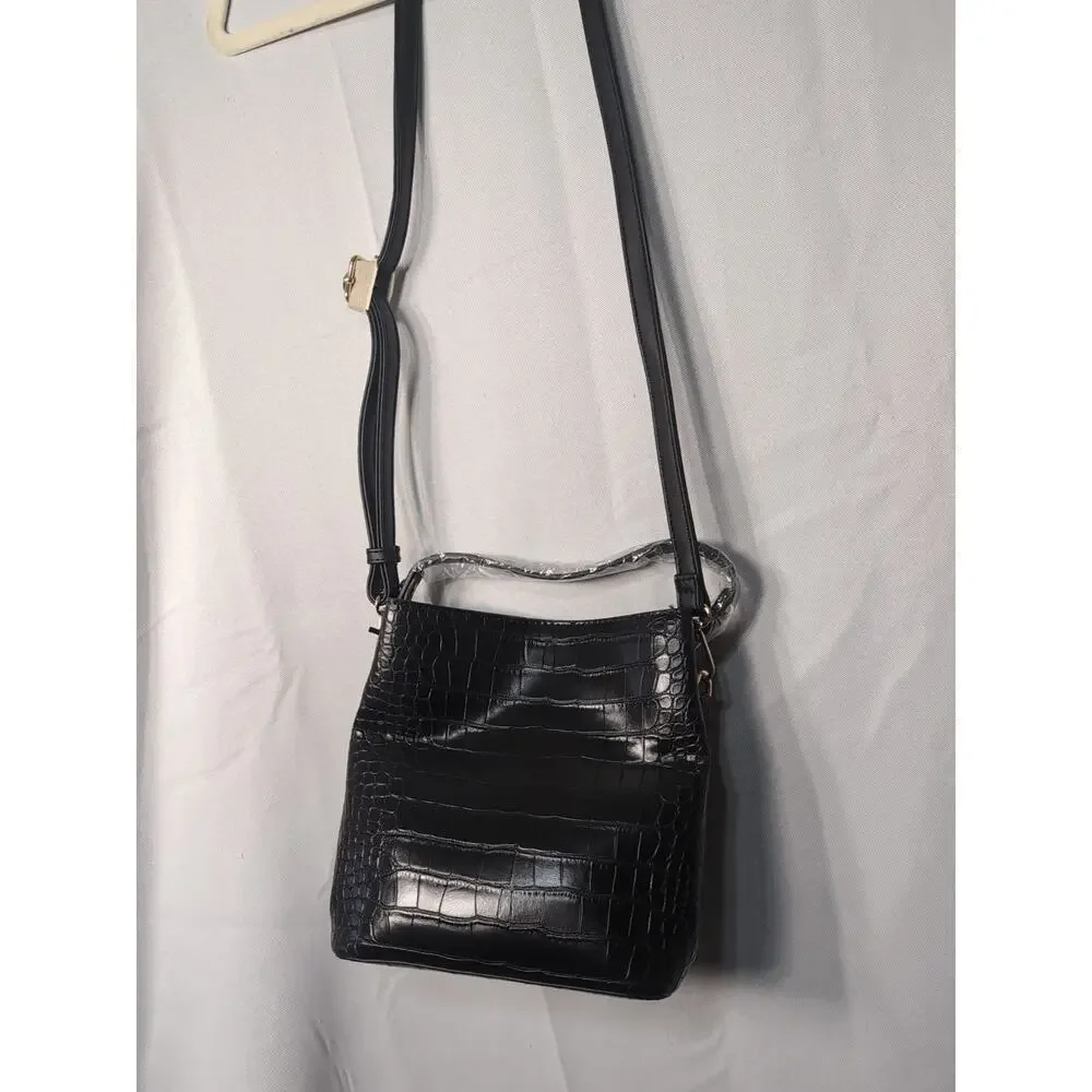 AOTA Elena Vegan Croc-Embossed Leather Crossbody Strap Bucket Bag Black NWT